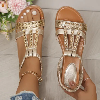 Bohemian Women Wedge Heels Rhinestone Crystal Strap Sandały na koturnie