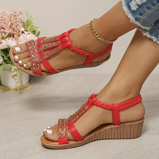 Bohemian Women Wedge Heels Rhinestone Crystal Strap Sandały na koturnie