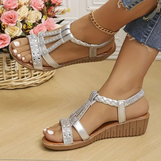 Bohemian Women Wedge Heels Rhinestone Crystal Strap Sandały na koturnie