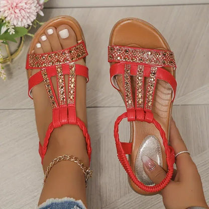 Bohemian Women Wedge Heels Rhinestone Crystal Strap Sandały na koturnie