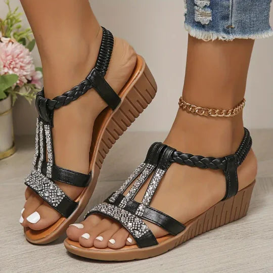 Bohemian Women Wedge Heels Rhinestone Crystal Strap Sandały na koturnie