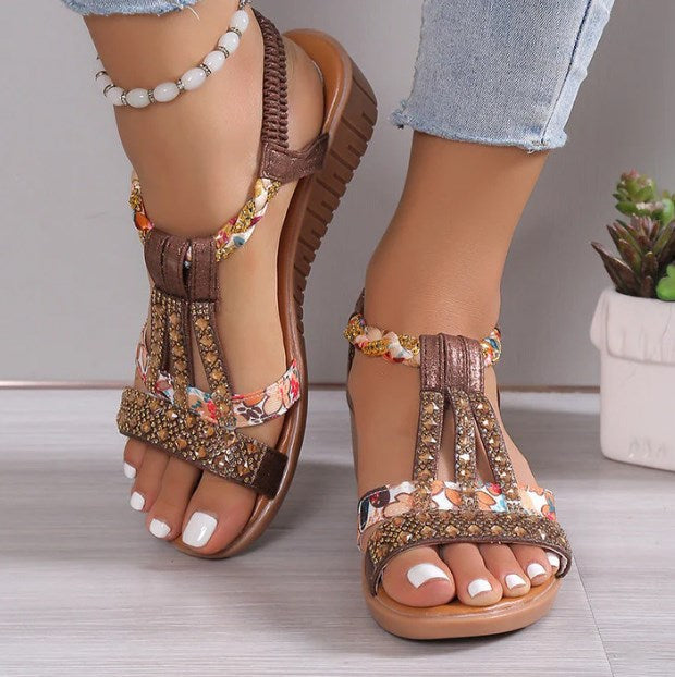 Bohemian Women Wedge Heels Rhinestone Crystal Strap Sandały na koturnie