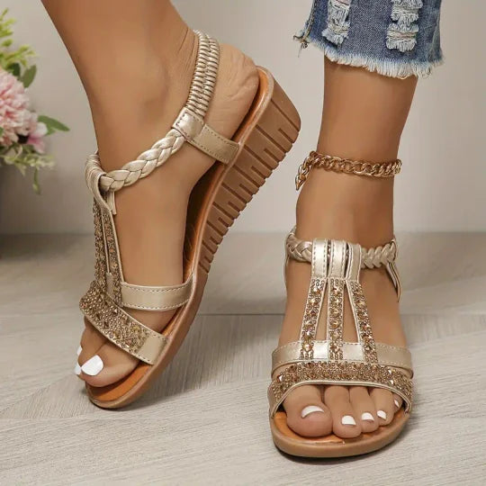 Bohemian Women Wedge Heels Rhinestone Crystal Strap Sandały na koturnie