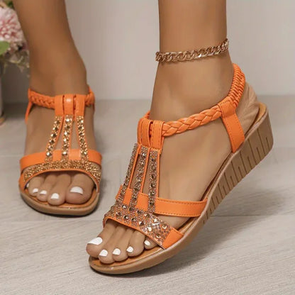 Bohemian Women Wedge Heels Rhinestone Crystal Strap Sandały na koturnie