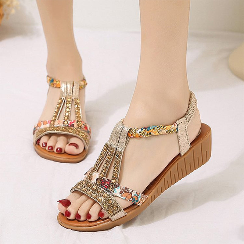 Bohemian Women Wedge Heels Rhinestone Crystal Strap Sandały na koturnie