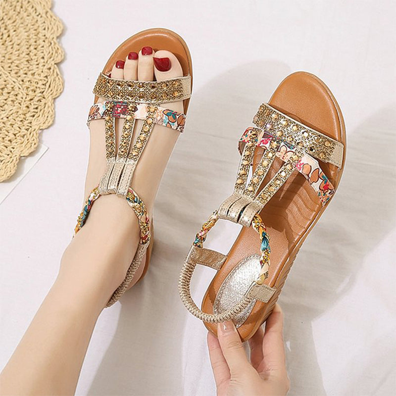 Bohemian Women Wedge Heels Rhinestone Crystal Strap Sandały na koturnie