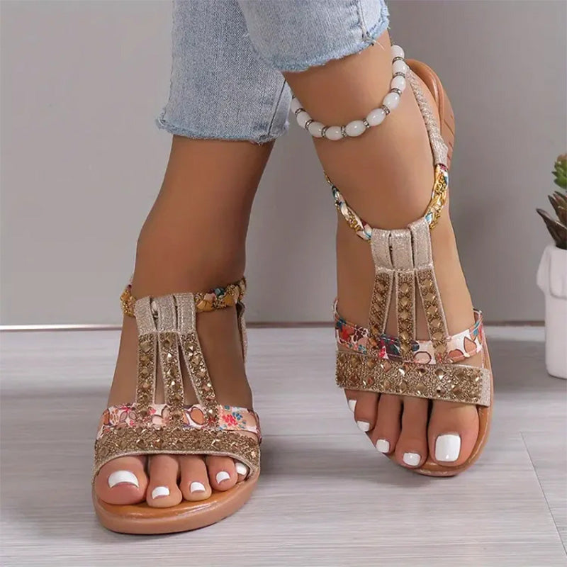 Bohemian Women Wedge Heels Rhinestone Crystal Strap Sandały na koturnie